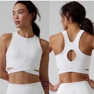 Athleta XS White Wrap Cutout Racerback Sports Bra Pink Stain Flaws